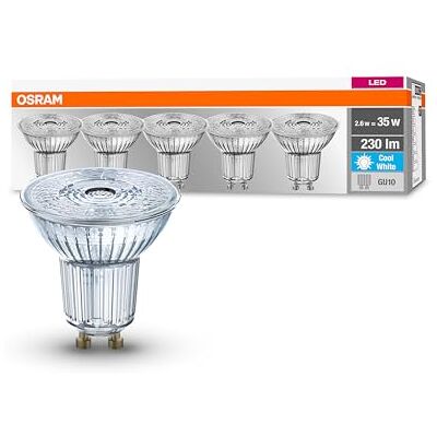 OSRAM Set van 5 PAR16 ledlampen, GU10, niet dimbaar, koud wit, vervangt traditionele 35 W gloeilamp, 36° stralingshoek OSRAM Set van 5 PAR16 ledlampen, GU10, niet dimbaar, koud wit, vervangt traditionele 35 W gloeilamp, 36° stralingshoek