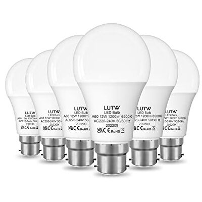 LUTW Ledlamp, A60, 12 W, komt overeen met 100 W, B22 ledlamp, koudwit, 6500 K, bajonetlamp, 1200 lm, niet dimbaar, voor huisverlichting, 6 stuks LUTW Ledlamp, A60, 12 W, komt overeen met 100 W, B22 ledlamp, koudwit, 6500 K, bajonetlamp, 1200 lm, niet dimbaar, voor huisverlichting, 6 stuks
