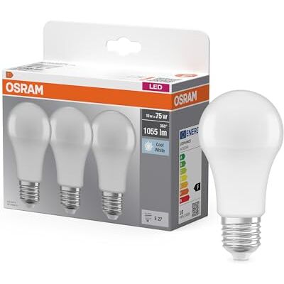 OSRAM LED Base Classic A lamp, in zuigervorm met E27-fitting, niet dimbaar, vervangt 75 watt, mat, koudwit, 4000 kelvin, verpakking van 3 stuks OSRAM LED Base Classic A lamp, in zuigervorm met E27-fitting, niet dimbaar, vervangt 75 watt, mat, koudwit, 4000 kelvin, verpakking van 3 stuks