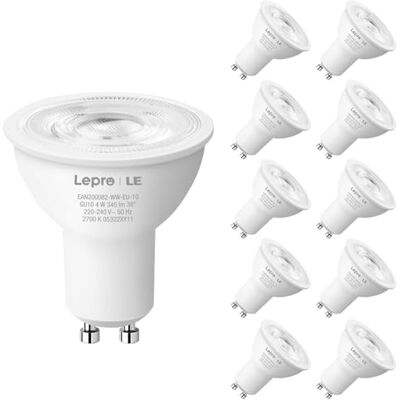 Lepro LE GU10 Ledlamp, 4 W, 350 lumen, 2700 kelvin, warmwit, spaarlamp, vervangt 50 W halogeenlampen, 36 graden stralingshoek, 10 stuks Lepro LE GU10 Ledlamp, 4 W, 350 lumen, 2700 kelvin, warmwit, spaarlamp, vervangt 50 W halogeenlampen, 36 graden stralingshoek, 10 stuks