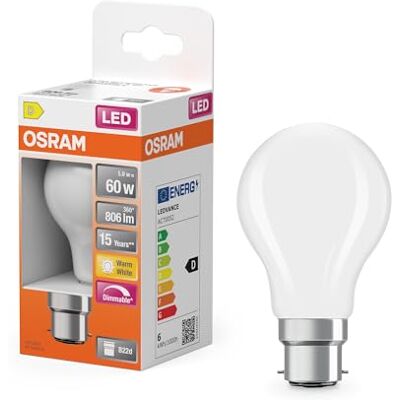 OSRAM Superstar Ledlamp, A60, dimbaar, 2700 K, warmwit, 5,9 W, B22d, mat, 806 lm, voor plafond- en vloerlampen, 15.000 uur OSRAM Superstar Ledlamp, A60, dimbaar, 2700 K, warmwit, 5,9 W, B22d, mat, 806 lm, voor plafond- en vloerlampen, 15.000 uur