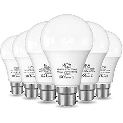 LUTW Ledlamp A60, 9 W, komt overeen met gloeilamp van 60 W, B22 LED, koud wit, 6500 K, bajonetlamp 900 lm, niet dimbaar, voor huisverlichting, 6 stuks LUTW Ledlamp A60, 9 W, komt overeen met gloeilamp van 60 W, B22 LED, koud wit, 6500 K, bajonetlamp 900 lm, niet dimbaar, voor huisverlichting, 6 stuks
