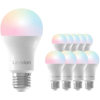 Ledvion 10 x SMART RGB+CCT E27 ledlampen, 8 W, 806 lumen, wifi-verlichting, dimbaar, Alexa en Google Home Ledvion 10 x SMART RGB+CCT E27 ledlampen, 8 W, 806 lumen, wifi-verlichting, dimbaar, Alexa en Google Home