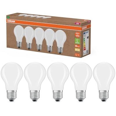 OSRAM Zeer efficiënte ledlampen met energie-efficiëntieklasse A, voordeelpakket met 5 gloeilampen, vervangt 100 W gloeilampen, kalkwit (2700 K), E27, mat glas OSRAM Zeer efficiënte ledlampen met energie-efficiëntieklasse A, voordeelpakket met 5 gloeilampen, vervangt 100 W gloeilampen, kalkwit (2700 K), E27, mat glas