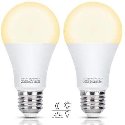 Aigostar Led-schemerlamp, E27, 12 W, led-lampen met schemersensor, warm wit, 3000 K, 1170 lm, automatische ontstekingslamp, voor garage, hal, kelder, trappen, 2 stuks Aigostar Led-schemerlamp, E27, 12 W, led-lampen met schemersensor, warm wit, 3000 K, 1170 lm, automatische ontstekingslamp, voor garage, hal, kelder, trappen, 2 stuks
