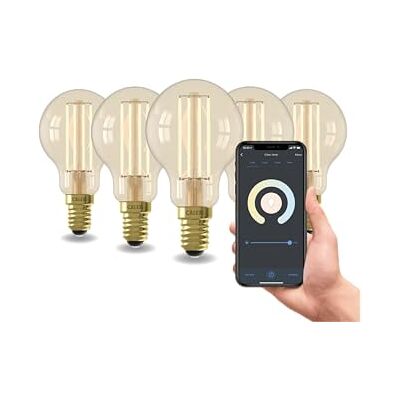 CALEX Set van 5 gloeilampen, goudkleurig, bolvormig, P45, E14, CCT WiFi, 4,9 W, 470 lm, Alexa/Google/Siri, wit, 1800-3000 K, dimbaar, scenario's, zonder brug, wifi 2,4 GHz CALEX Set van 5 gloeilampen, goudkleurig, bolvormig, P45, E14, CCT WiFi, 4,9 W, 470 lm, Alexa/Google/Siri, wit, 1800-3000 K, dimbaar, scenario's, zonder brug, wifi 2,4 GHz