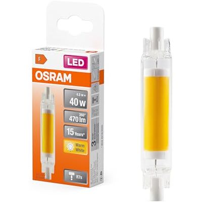 OSRAM Slim Line LED-lamp veelkleurig met R7s Retrofit fitting, 4,5 W/470 lm, helder warm wit licht 2700 K, niet dimbaar, IP20, loodvrij glas, diameter 16 mm. OSRAM Slim Line LED-lamp veelkleurig met R7s Retrofit fitting, 4,5 W/470 lm, helder warm wit licht 2700 K, niet dimbaar, IP20, loodvrij glas, diameter 16 mm.