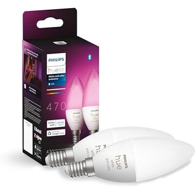 Philips wit en kleur ambiance, E14 smart led-lamp, Bluetooth compatibel, pak van 2, werkt met Alexa, Google Assistant en Apple Homekit. Philips wit en kleur ambiance, E14 smart led-lamp, Bluetooth compatibel, pak van 2, werkt met Alexa, Google Assistant en Apple Homekit.