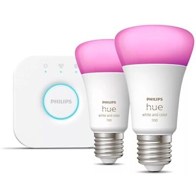 Philips Hue starterset, wit en kleurrijk, 2 lampen, E27-1100lm Philips Hue starterset, wit en kleurrijk, 2 lampen, E27-1100lm