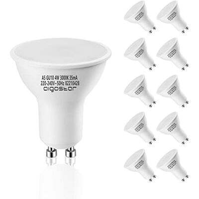 Aigostar Ledlamp, GU10, 4 W, warm licht, 3000 K, 320 lumen, hoek van 100-120º, CRI ≥ 80, komt overeen met 47 W halogeenlamp, 10 stuks met doos Aigostar Ledlamp, GU10, 4 W, warm licht, 3000 K, 320 lumen, hoek van 100-120º, CRI ≥ 80, komt overeen met 47 W halogeenlamp, 10 stuks met doos