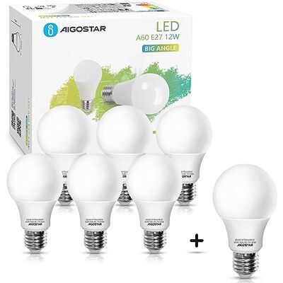 Aigostar Ledlamp, E27, 12 W, komt overeen met 81 W, koud wit licht, 6500 K, 1170 lumen. Globe 280º hoek, CRI ≥ 80, niet dimbaar, 7 stuks met doos Aigostar Ledlamp, E27, 12 W, komt overeen met 81 W, koud wit licht, 6500 K, 1170 lumen. Globe 280º hoek, CRI ≥ 80, niet dimbaar, 7 stuks met doos
