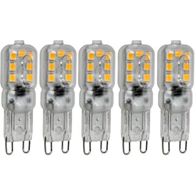 JANDEI Set van 5 ledlampen, G9, vermogen 2,5 W, 350 lumen, 220 V AC, (komt overeen met 20 W halogeen) warm wit licht 3000 K, Ø16, lengte 48 mm, niet dimbaar, IP20 voor binnen JANDEI Set van 5 ledlampen, G9, vermogen 2,5 W, 350 lumen, 220 V AC, (komt overeen met 20 W halogeen) warm wit licht 3000 K, Ø16, lengte 48 mm, niet dimbaar, IP20 voor binnen