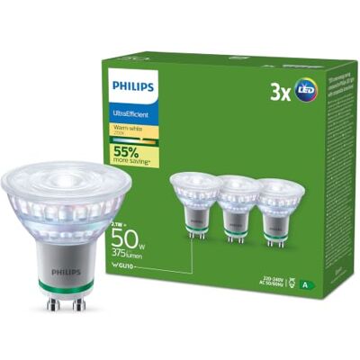 Philips , 3 ledlampen met energieklasse A, GU10-fitting, komt overeen met 50 W, warm wit, niet dimbaar Philips , 3 ledlampen met energieklasse A, GU10-fitting, komt overeen met 50 W, warm wit, niet dimbaar