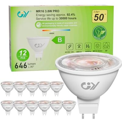 GY Ledlampen GU5.3 MR16 12 V klasse B, 646 lm, neutraal wit 4000 K, 3,8 W, komt overeen met 50 W, GU10, 36 graden hoek (smalle straling), energie-efficiëntie, led-spot, niet dimbaar, 12 stuks GY Ledlampen GU5.3 MR16 12 V klasse B, 646 lm, neutraal wit 4000 K, 3,8 W, komt overeen met 50 W, GU10, 36 graden hoek (smalle straling), energie-efficiëntie, led-spot, niet dimbaar, 12 stuks