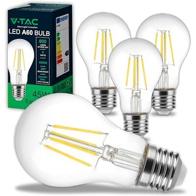 V-TAC 4 x LED-lampen met filament E27, A60-6 W (komt overeen met 45 W), 600 lumen, led-glazen lamp, maximale efficiëntie en energiebesparing, 4000 K, neutraal wit V-TAC 4 x LED-lampen met filament E27, A60-6 W (komt overeen met 45 W), 600 lumen, led-glazen lamp, maximale efficiëntie en energiebesparing, 4000 K, neutraal wit