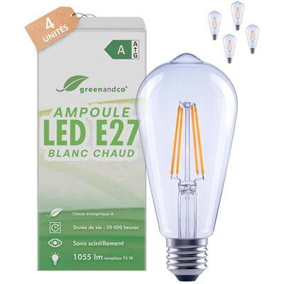 greenandco 4 x led-filamentlampen, transparant, E27 ST64, 5 W, 1055 lm, vervangt 75 W, 2700 K, warmwit, 320 graden, 230 V, flikkervrij, energieklasse A, niet dimbaar greenandco 4 x led-filamentlampen, transparant, E27 ST64, 5 W, 1055 lm, vervangt 75 W, 2700 K, warmwit, 320 graden, 230 V, flikkervrij, energieklasse A, niet dimbaar