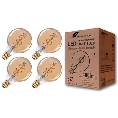 greenandco 4 x E27 Vintage G95 5 W 400 lm extra warm wit amber Decoratieve lamp 2000 K, stralingshoek 360 graden, 230 V, flikkervrij, niet dimbaar, gloeilamp filament greenandco 4 x E27 Vintage G95 5 W 400 lm extra warm wit amber Decoratieve lamp 2000 K, stralingshoek 360 graden, 230 V, flikkervrij, niet dimbaar, gloeilamp filament