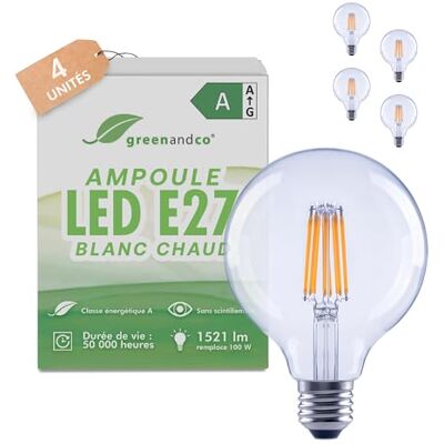 greenandco 4 x led-filamentlampen, transparant, E27 G95, 7,2 W, 1521 lm, vervangt 100 W, 3000 K, warmwit, 320 graden, 230 V, flikkervrij, energieklasse A, niet dimbaar greenandco 4 x led-filamentlampen, transparant, E27 G95, 7,2 W, 1521 lm, vervangt 100 W, 3000 K, warmwit, 320 graden, 230 V, flikkervrij, energieklasse A, niet dimbaar