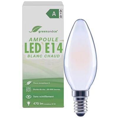 greenandco Led-filamentlamp, mat, E14 C35, 2,2 W, 470 lm, vervangt 40 W, 2700 K, warmwit, 320 graden, 230 V, flikkervrij, energieklasse A, niet dimbaar Ampoule E14 remplace 40W, 2700K, angle de diffusion 320°, sans scintillement, classe énergétique A, n greenandco Led-filamentlamp, mat, E14 C35, 2,2 W, 470 lm, vervangt 40 W, 2700 K, warmwit, 320 graden, 230 V, flikkervrij, energieklasse A, niet dimbaar Ampoule E14 remplace 40W, 2700K, angle de diffusion 320°, sans scintillement, classe énergétique A, n