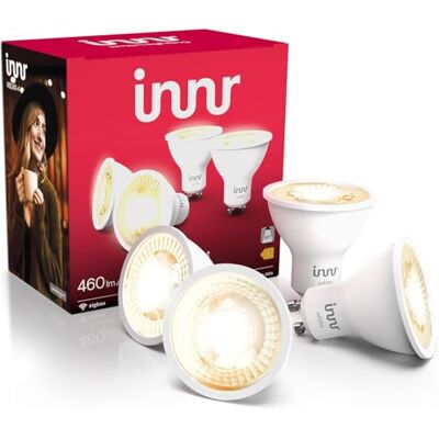 innr Zigbee GU10 slimme gloeilamp, werkt met Hue* en Alexa (brug vereist), warmwitte spot, led-lamp, dimbaar, 460 lumen, 4 stuks innr Zigbee GU10 slimme gloeilamp, werkt met Hue* en Alexa (brug vereist), warmwitte spot, led-lamp, dimbaar, 460 lumen, 4 stuks