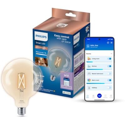 Philips Smart Lighting, G125 gloeilamp, E27-fitting, 806 lm, wit licht instelbaar 2700-6500 K, laag dimmen, verbonden door WiZ, Alexa, Google Home, Apple Home Philips Smart Lighting, G125 gloeilamp, E27-fitting, 806 lm, wit licht instelbaar 2700-6500 K, laag dimmen, verbonden door WiZ, Alexa, Google Home, Apple Home