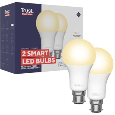 Trust WiFi B22 slimme gloeilamp, compatibel met Alexa en Google Home, dimbare lamp, zonder hub, 2,4 GHz, led-lamp, wifi-lamp, warm wit licht, 2 stuks Trust WiFi B22 slimme gloeilamp, compatibel met Alexa en Google Home, dimbare lamp, zonder hub, 2,4 GHz, led-lamp, wifi-lamp, warm wit licht, 2 stuks