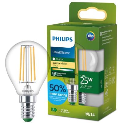 Philips LED UltraEfficient gloeilamp helder filament P45, kleine Edison fitting E14, energie-efficiëntieklasse A, 252 lm, komt overeen met 25 W, warm wit (2700 K), EyeComfort, 50.000 uur, 1 verpakking Philips LED UltraEfficient gloeilamp helder filament P45, kleine Edison fitting E14, energie-efficiëntieklasse A, 252 lm, komt overeen met 25 W, warm wit (2700 K), EyeComfort, 50.000 uur, 1 verpakking