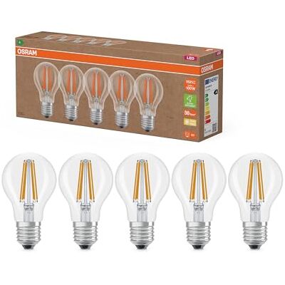 OSRAM Zeer efficiënte ledlampen met energie-efficiëntieklasse A, voordeelpakket met 5 gloeilampen, vervangt 100 W gloeilampen, warm wit, E27, glazen filament OSRAM Zeer efficiënte ledlampen met energie-efficiëntieklasse A, voordeelpakket met 5 gloeilampen, vervangt 100 W gloeilampen, warm wit, E27, glazen filament