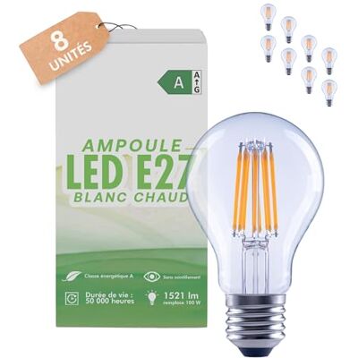 greenandco 8 x led-filamentlampen, transparant, E27 A60, 7,2 W, 1521 lm, vervangt 100 W, 3000 K, warmwit, 320 graden, 230 V, flikkervrij, energieklasse A, niet dimbaar greenandco 8 x led-filamentlampen, transparant, E27 A60, 7,2 W, 1521 lm, vervangt 100 W, 3000 K, warmwit, 320 graden, 230 V, flikkervrij, energieklasse A, niet dimbaar