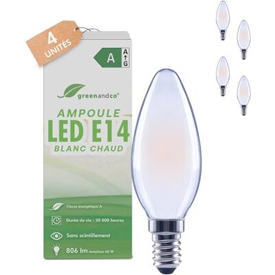 greenandco 4 x ledlamp E14 warm wit, 3,8 W, 806 lm, mat, C35 Lamp E14 vervangt 60 W, 2700 K, stralingshoek 320 graden, flikkervrij, energieklasse A, niet dimbaar greenandco 4 x ledlamp E14 warm wit, 3,8 W, 806 lm, mat, C35 Lamp E14 vervangt 60 W, 2700 K, stralingshoek 320 graden, flikkervrij, energieklasse A, niet dimbaar