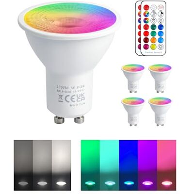 REYLAX RGB GU10 led-lamp, kleurverandering, 5 W, komt overeen met 50 W, 450 lm, koudwit, led, GU10, dimbaar, GU10-lampen, afstandsbediening, infrarood, 4 stuks REYLAX RGB GU10 led-lamp, kleurverandering, 5 W, komt overeen met 50 W, 450 lm, koudwit, led, GU10, dimbaar, GU10-lampen, afstandsbediening, infrarood, 4 stuks