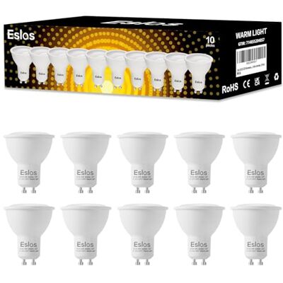 Eslas Gu10 led-lampen, warmwit, 3000 K, 6 W, 600 lm, komt overeen met 60 W, 120 graden brede stralen, niet dimbaar, 10 stuks Eslas Gu10 led-lampen, warmwit, 3000 K, 6 W, 600 lm, komt overeen met 60 W, 120 graden brede stralen, niet dimbaar, 10 stuks