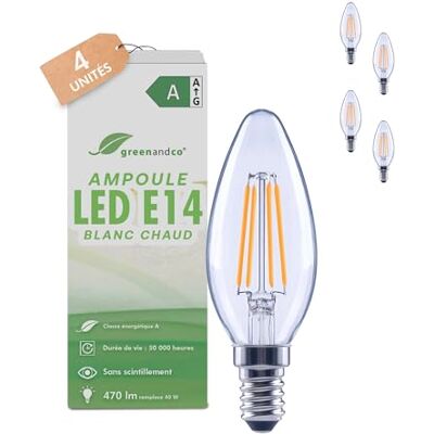 greenandco 4 x led-filamentlampen, transparant, E14 C35, 2,2 W, 470 lm, vervangt 40 W, 2700 K, warmwit, 320 graden, 230 V, flikkervrij, energieklasse A, niet dimbaar greenandco 4 x led-filamentlampen, transparant, E14 C35, 2,2 W, 470 lm, vervangt 40 W, 2700 K, warmwit, 320 graden, 230 V, flikkervrij, energieklasse A, niet dimbaar