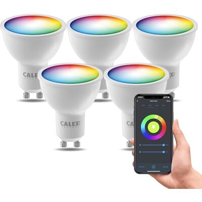 CALEX Set van 5 Smart GU10 RGB CCT WiFi LED-lampen, 345 lm, 4,9 W, Alexa/Google/Siri, 16 m kleuren, wit 2200-4000 K, dimbaar, muziek, scenario's, zonder brug, wifi 2,4 GHz CALEX Set van 5 Smart GU10 RGB CCT WiFi LED-lampen, 345 lm, 4,9 W, Alexa/Google/Siri, 16 m kleuren, wit 2200-4000 K, dimbaar, muziek, scenario's, zonder brug, wifi 2,4 GHz