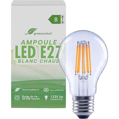 greenandco Led-filamentlamp, transparant, CRI 90+, E27, A60, 7,2 W, 1335 lm, vervangt 90 W, 3000 K, warmwit, 320 graden, 230 V, flikkervrij, energieklasse B, niet dimbaar greenandco Led-filamentlamp, transparant, CRI 90+, E27, A60, 7,2 W, 1335 lm, vervangt 90 W, 3000 K, warmwit, 320 graden, 230 V, flikkervrij, energieklasse B, niet dimbaar
