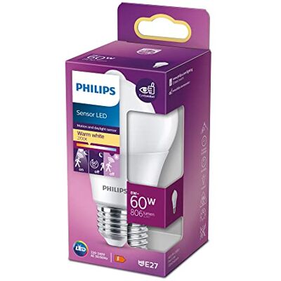 Philips LED-lamp met sensor, warmwit licht, E27-60 W, mat, energiezuinige ledverlichting Philips LED-lamp met sensor, warmwit licht, E27-60 W, mat, energiezuinige ledverlichting