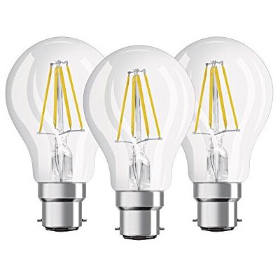 OSRAM Lamps Base Classic A led-zuigerlamp, B22d niet dimbaar, vervangt 60 W, filamentstijl, transparant, warm wit, 2700 K, 3 stuks OSRAM Lamps Base Classic A led-zuigerlamp, B22d niet dimbaar, vervangt 60 W, filamentstijl, transparant, warm wit, 2700 K, 3 stuks