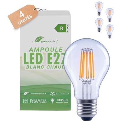 greenandco 4 x E27 ledlampen, warmwit, 7,2 W, 1335 lm, CRI 90+, A60 E27-lamp, transparant, vervangt 90 W, 3000 K, stralingshoek 320°, flikkervrij, energieklasse B, niet dimbaar greenandco 4 x E27 ledlampen, warmwit, 7,2 W, 1335 lm, CRI 90+, A60 E27-lamp, transparant, vervangt 90 W, 3000 K, stralingshoek 320°, flikkervrij, energieklasse B, niet dimbaar