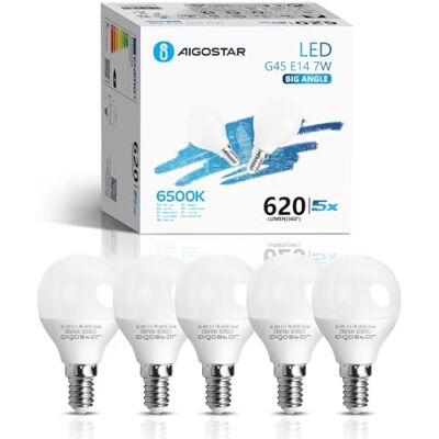 Aigostar Ledlampen E14 G45, 7 W verbruikt komt overeen met 49 W, koud wit licht 6500 K, 620 lumen, hoek van 180 graden, CRI > 80, 5 stuks met doos Aigostar Ledlampen E14 G45, 7 W verbruikt komt overeen met 49 W, koud wit licht 6500 K, 620 lumen, hoek van 180 graden, CRI > 80, 5 stuks met doos