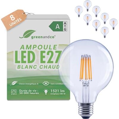 greenandco 8 x led-filamentlampen, transparant, E27 G95, 7,2 W, 1521 lm, vervangt 100 W, 3000 K, warmwit, 320 graden, 230 V, flikkervrij, energieklasse A, niet dimbaar greenandco 8 x led-filamentlampen, transparant, E27 G95, 7,2 W, 1521 lm, vervangt 100 W, 3000 K, warmwit, 320 graden, 230 V, flikkervrij, energieklasse A, niet dimbaar