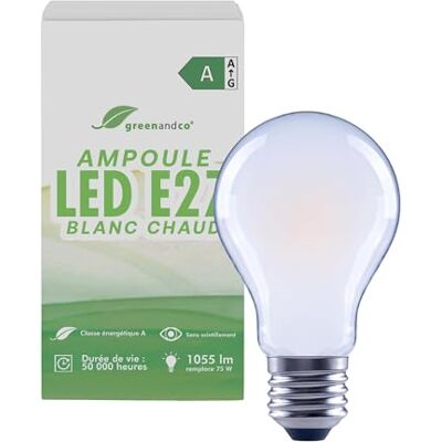 greenandco Led-filamentlamp, mat, E27 A60, 5 W, 1055 lm, vervangt 75 W, 2700 K, warmwit, 320 graden, 230 V, flikkervrij, energieklasse A, niet dimbaar Ampoule E27 remplace 75W, 2700K, angle de diffusion 320°, sans scintillement, classe énergétique A, no greenandco Led-filamentlamp, mat, E27 A60, 5 W, 1055 lm, vervangt 75 W, 2700 K, warmwit, 320 graden, 230 V, flikkervrij, energieklasse A, niet dimbaar Ampoule E27 remplace 75W, 2700K, angle de diffusion 320°, sans scintillement, classe énergétique A, no