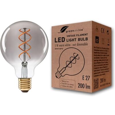 greenandco Lamp E27 Vintage G95 5 W 200 lm extra warm wit grijs Decoratieve lamp 1800 K, stralingshoek 360 graden, 230 V, flikkervrij, niet dimbaar, gloeilamp filament greenandco Lamp E27 Vintage G95 5 W 200 lm extra warm wit grijs Decoratieve lamp 1800 K, stralingshoek 360 graden, 230 V, flikkervrij, niet dimbaar, gloeilamp filament