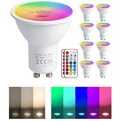 REYLAX RGB GU10 led-lamp, kleurverandering, 5 W, komt overeen met 50 W, 450 lm, warmwit, led, GU10, dimbaar, GU10-lampen, afstandsbediening, infrarood, 8 stuks REYLAX RGB GU10 led-lamp, kleurverandering, 5 W, komt overeen met 50 W, 450 lm, warmwit, led, GU10, dimbaar, GU10-lampen, afstandsbediening, infrarood, 8 stuks