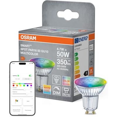OSRAM SMART+, GU10, 4,7 W, RGBW, reflectorvorm, wifi, bestuurbaar via app en spraakassistenten zoals Alexa, Google Home, dimbaar, met Matter OSRAM SMART+, GU10, 4,7 W, RGBW, reflectorvorm, wifi, bestuurbaar via app en spraakassistenten zoals Alexa, Google Home, dimbaar, met Matter
