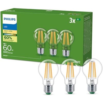 Philips Ultra-Efficient LED-lamp transparant – 60 W – E27 – warm wit licht 2700 K – Energielabel A – 3 stuks Philips Ultra-Efficient LED-lamp transparant – 60 W – E27 – warm wit licht 2700 K – Energielabel A – 3 stuks