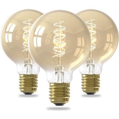 CALEX Set van 3 LED-lampen spiraal filament E27, vintage lichtbron, goud, retro globe G80, warm wit licht, dimbaar, 2100K, 3,8 W, 250 lumen CALEX Set van 3 LED-lampen spiraal filament E27, vintage lichtbron, goud, retro globe G80, warm wit licht, dimbaar, 2100K, 3,8 W, 250 lumen