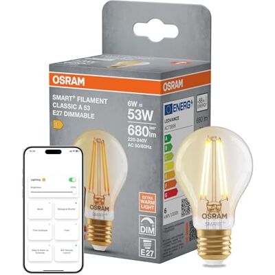 OSRAM Smart Ledlamp, A53, 6 W, 2400 K, E27, gloeilamp, goud, dimbaar, app- of spraakbediening, compatibel met Matter systemen OSRAM Smart Ledlamp, A53, 6 W, 2400 K, E27, gloeilamp, goud, dimbaar, app- of spraakbediening, compatibel met Matter systemen