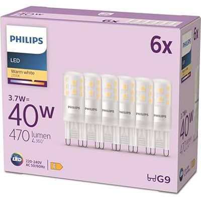 Philips LED Capsule 40W G9 Warmwit licht 6 stuks Warm wit licht, niet verstelbaar, mat, 80% lager verbruik, EyeComfort-technologie, vervangt lampen met Philips LED Capsule 40W G9 Warmwit licht 6 stuks Warm wit licht, niet verstelbaar, mat, 80% lager verbruik, EyeComfort-technologie, vervangt lampen met