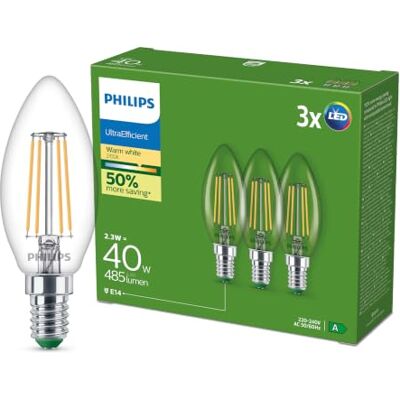 Philips UltraEfficient LED-lamp transparant – 40 W – E14 fitting – warmwit licht; 2700 K – Ultra efficiënt: Energielabel A – 3 stuks Philips UltraEfficient LED-lamp transparant – 40 W – E14 fitting – warmwit licht; 2700 K – Ultra efficiënt: Energielabel A – 3 stuks