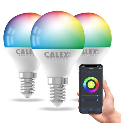 CALEX Set van 3 Smart LED-lampen P45 E14 RGB CCT WiFi, 470 lm, 4,9 W, Alexa/Google/Siri, 16 m kleuren, wit 2200-4000 K, dimbaar, muziek, scenario's, zonder brug, wifi 2,4 GHz CALEX Set van 3 Smart LED-lampen P45 E14 RGB CCT WiFi, 470 lm, 4,9 W, Alexa/Google/Siri, 16 m kleuren, wit 2200-4000 K, dimbaar, muziek, scenario's, zonder brug, wifi 2,4 GHz